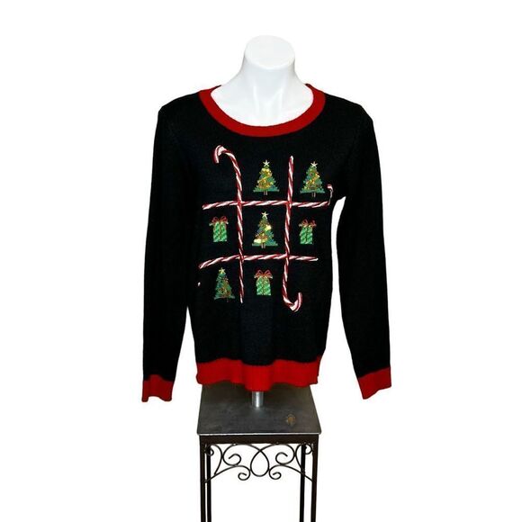 Karen Scott black candy cane tic tac toe ugly Christmas sweater size M - Picture 1 of 16